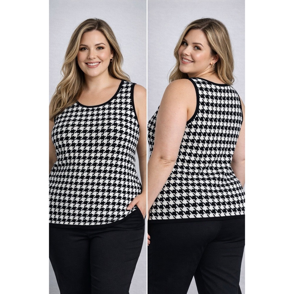 Jones New York Womens Sweater XL‎ Black White Houndstooth Sleeveless Preppy